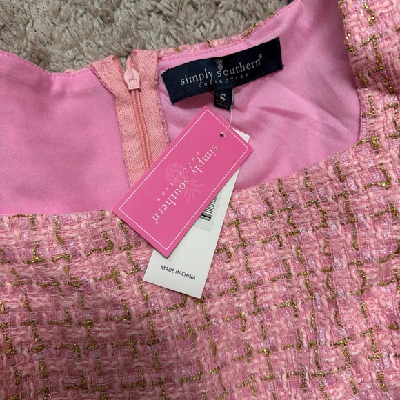 Simply Southern Tweed Short Puff Sleeve Layered Spring Pink Dress. NWT. Size S - Picture 2 of 3